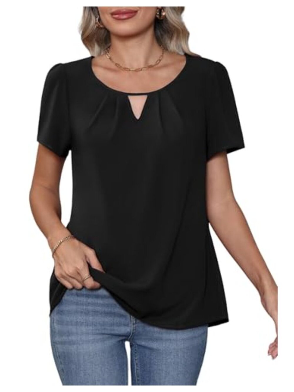 Chiffon Blouse for Women Short Sleeve Pleated Keyhole Summer
